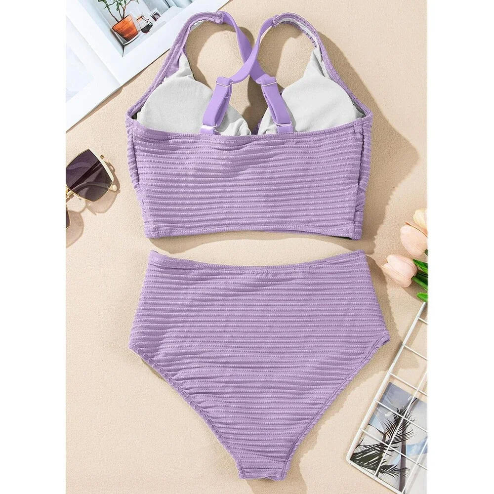 Herseas Women's Purple Bikini Sets Twist Front Top Swimsuits High Waisted L